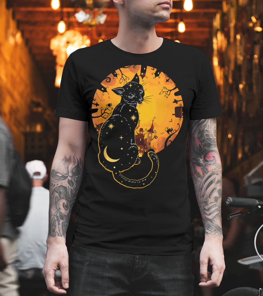 Halloween Black Cat with Stars and Moon in Haunted Landscape T-Shirt