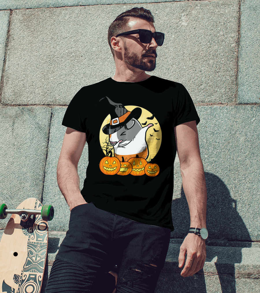 Witch Hat Dabbing Guinea Pig Halloween Pumpkins And Bats Moon Dance T-Shirt