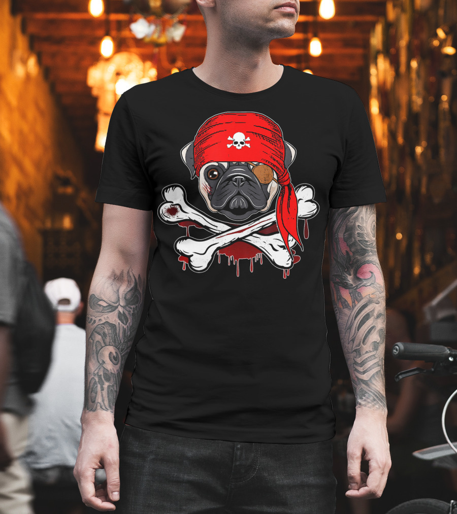 Funny Pirate Pug Dog With Skull Bandana And Crossbones T-Shirt