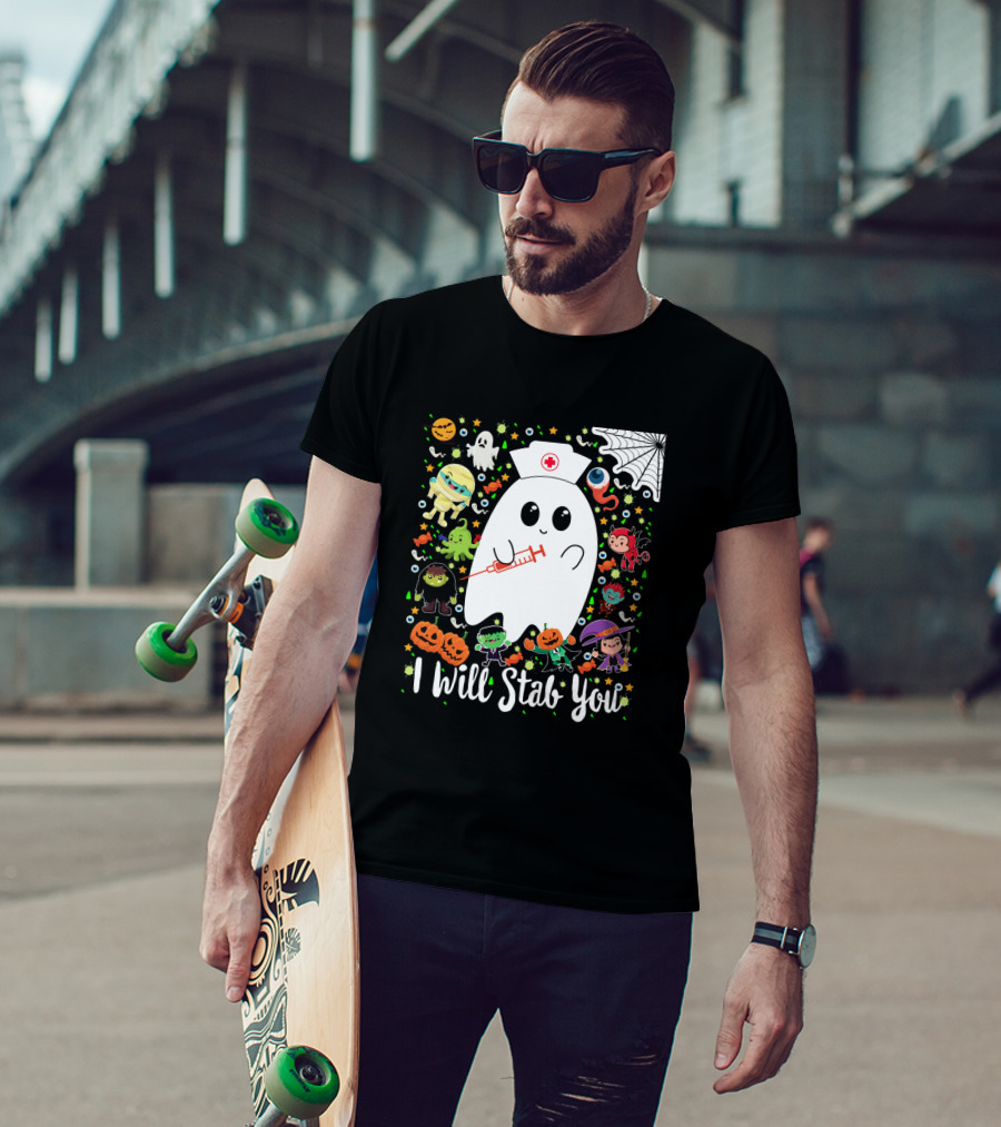 I Will Stab You Funny Halloween Ghost Nurse With Syringe Surrounded By Monsters Pumpkins And Web T-Shirt