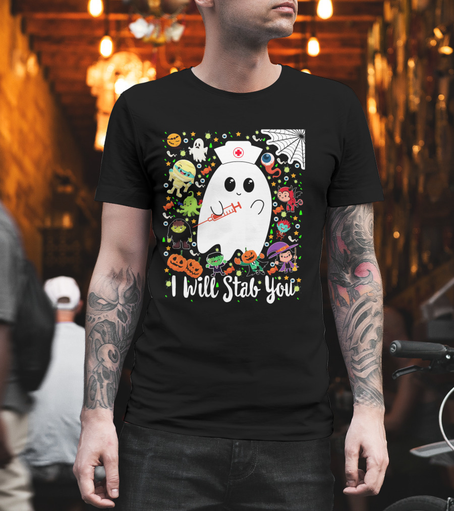 I Will Stab You Funny Halloween Ghost Nurse with Syringe Surrounded by Monsters Pumpkins and Web T-Shirt