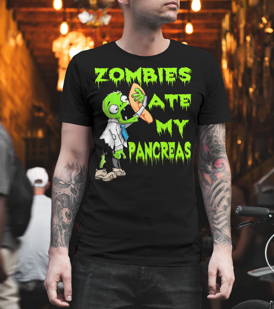 Zombies Ate My Pancreas Diabetes Awareness Cartoon Zombie Holding Organ T-Shirt
