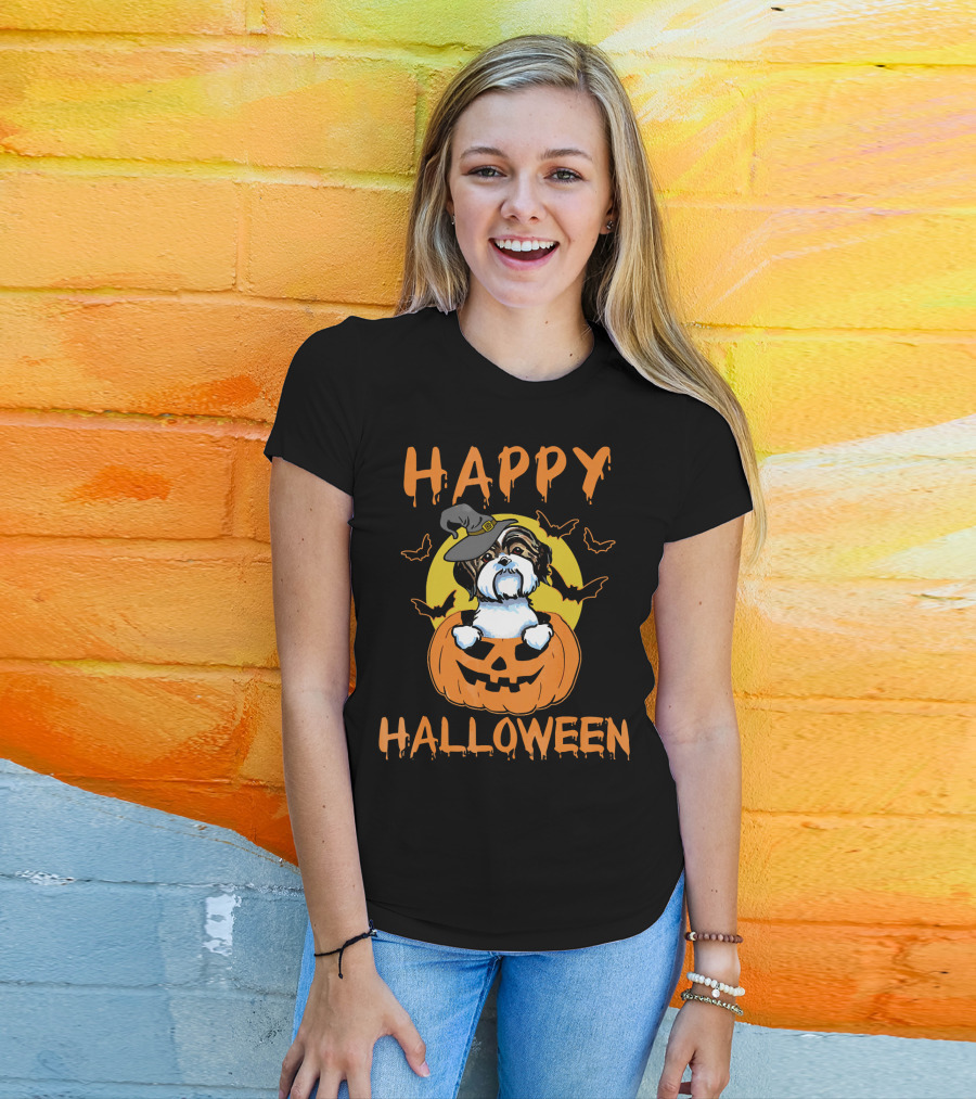 Happy Halloween Shih Tzu Pumpkin With Witch Hat And Bats T-Shirt