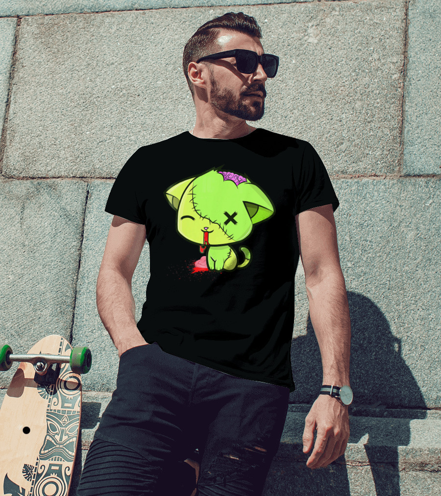 Cute Zombkitty Green Zombie Kitten Neon Brain T-Shirt