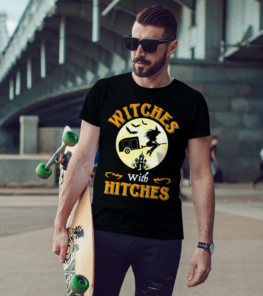 Witches With Hitches Halloween Camper Moon Bats And Witch Hat Broomstick T-Shirt