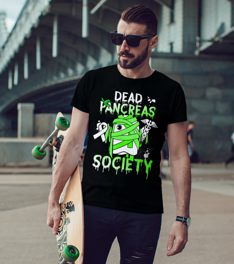 Dead Pancreas Society Halloween Ghost Design With Green Mummy And Medical Symbols T-Shirt