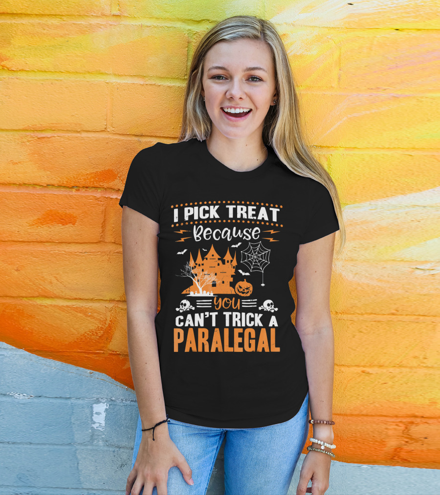 I Pick Treat Because You Can't Trick A Paralegal Halloween Castle Pumpkin Skulls T-Shirt