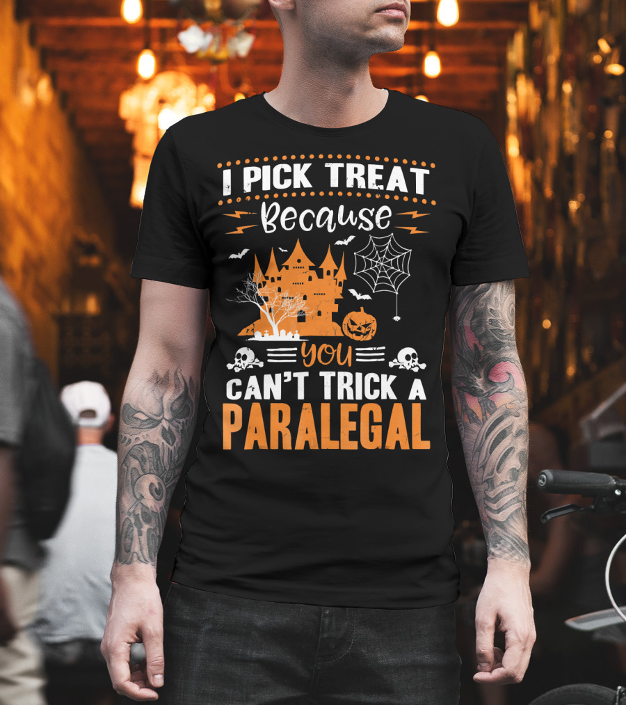 I Pick Treat Because You Can't Trick A Paralegal Halloween Castle Pumpkin Skulls T-Shirt
