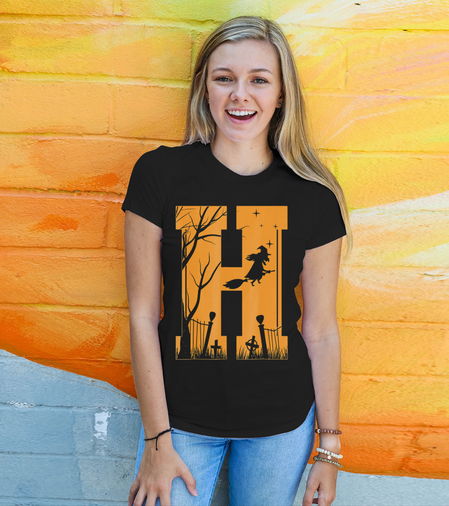 Letter H Halloween Witch Graveyard Scene T-Shirt