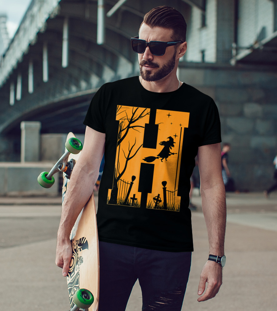 Letter H Halloween Witch Graveyard Scene T-Shirt