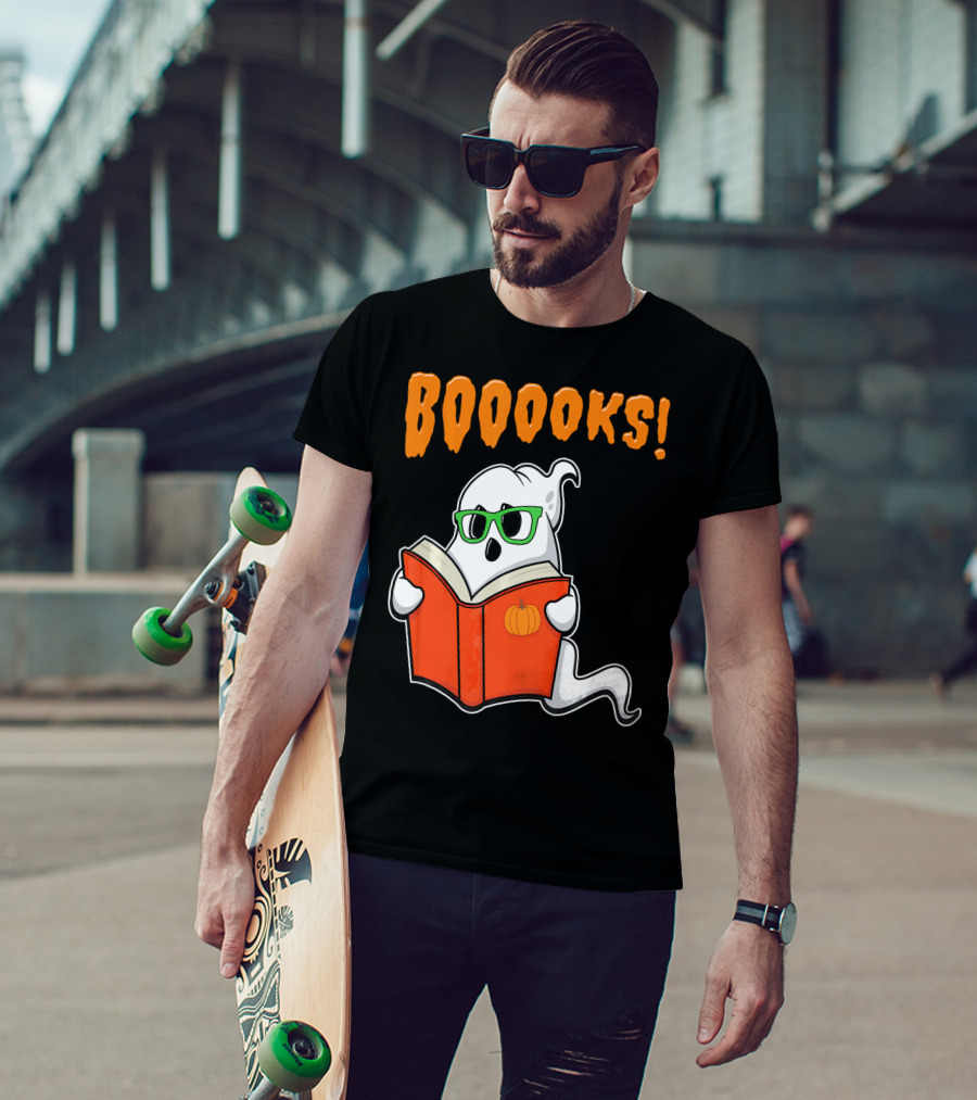 Booooks Ghost With Green Glasses And Pumpkin Book Funny Teacher Halloween T-Shirt