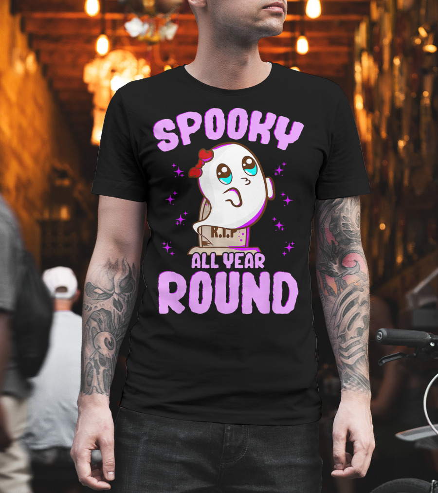 Spooky All Year Round Kawaii Ghost With Glittering Stars And Gravestone T-Shirt