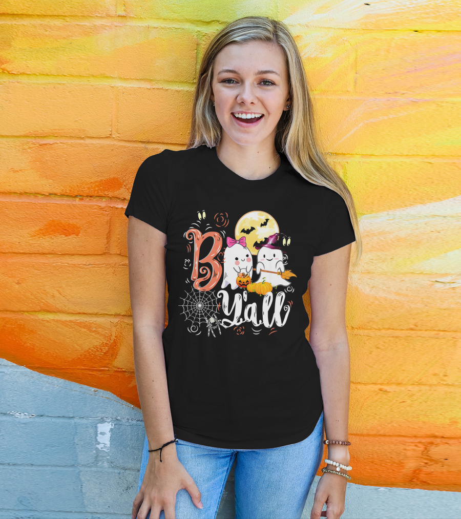 Boo Y’all Funny Ghosts With Pumpkin And Halloween Moon T-Shirt