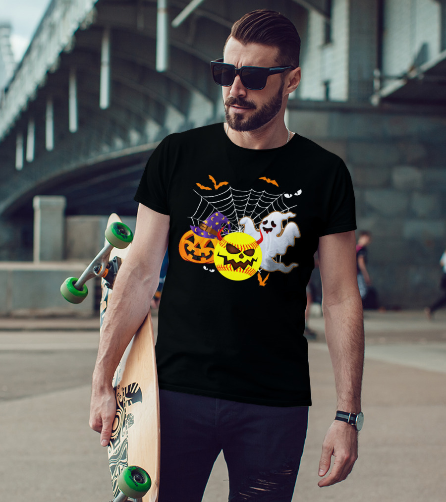 Halloween Softball Pumpkin Ghost Cobwebs And Bats Fun T-Shirt