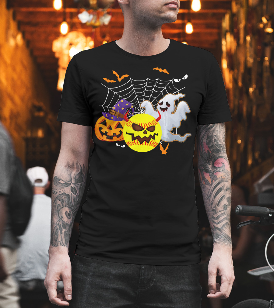 Halloween Softball Pumpkin Ghost Cobwebs and Bats Fun T-Shirt