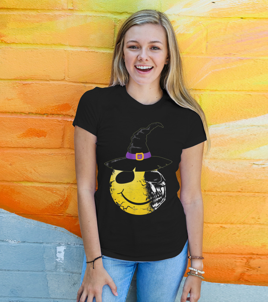 Halloween Witch Hat Smiley Half Skull Face T-Shirt