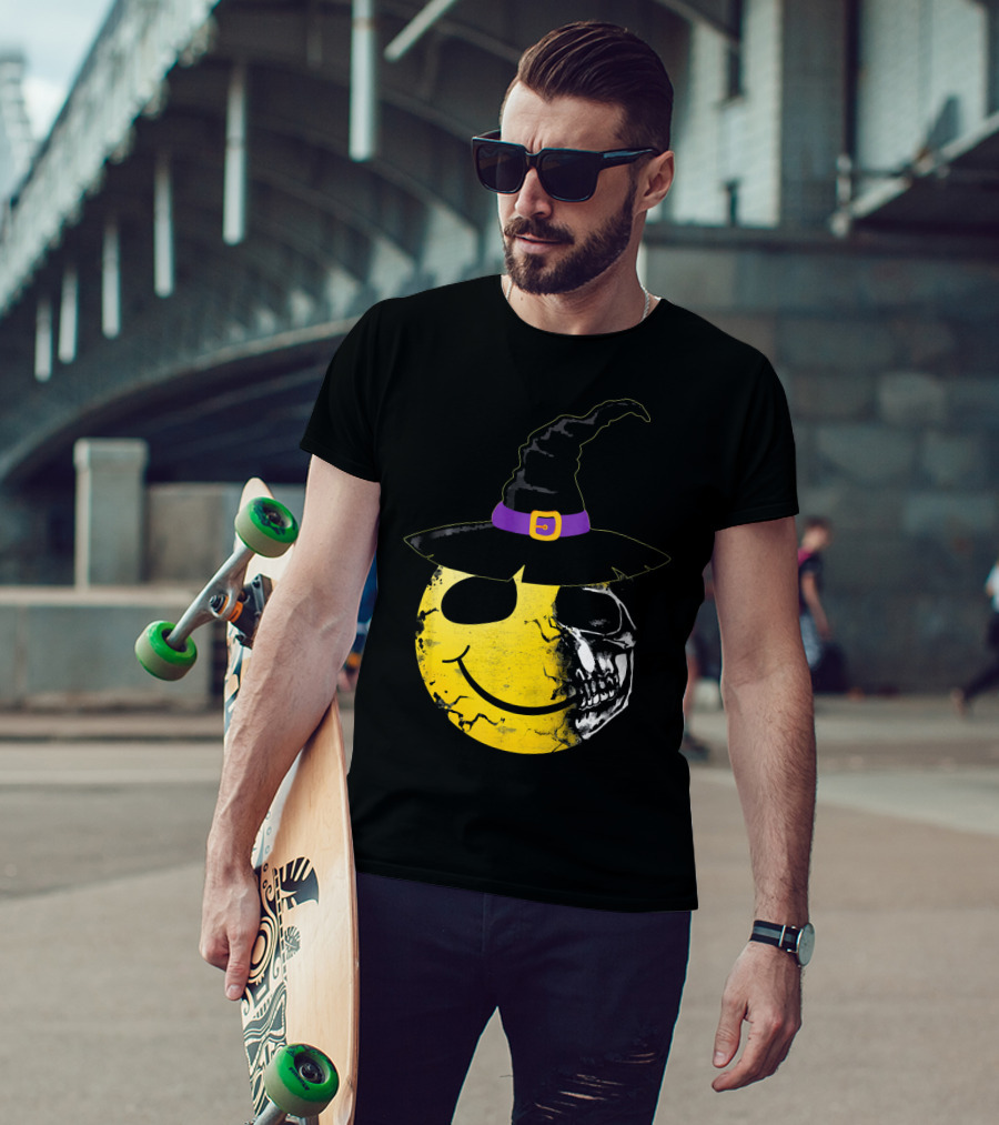 Halloween Witch Hat Smiley Half Skull Face T-Shirt