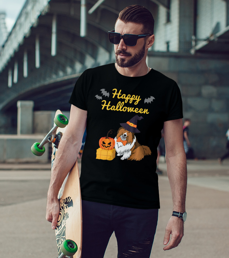 Happy Halloween Cute Sheltie With Witch Hat Pumpkins And Bats T-Shirt