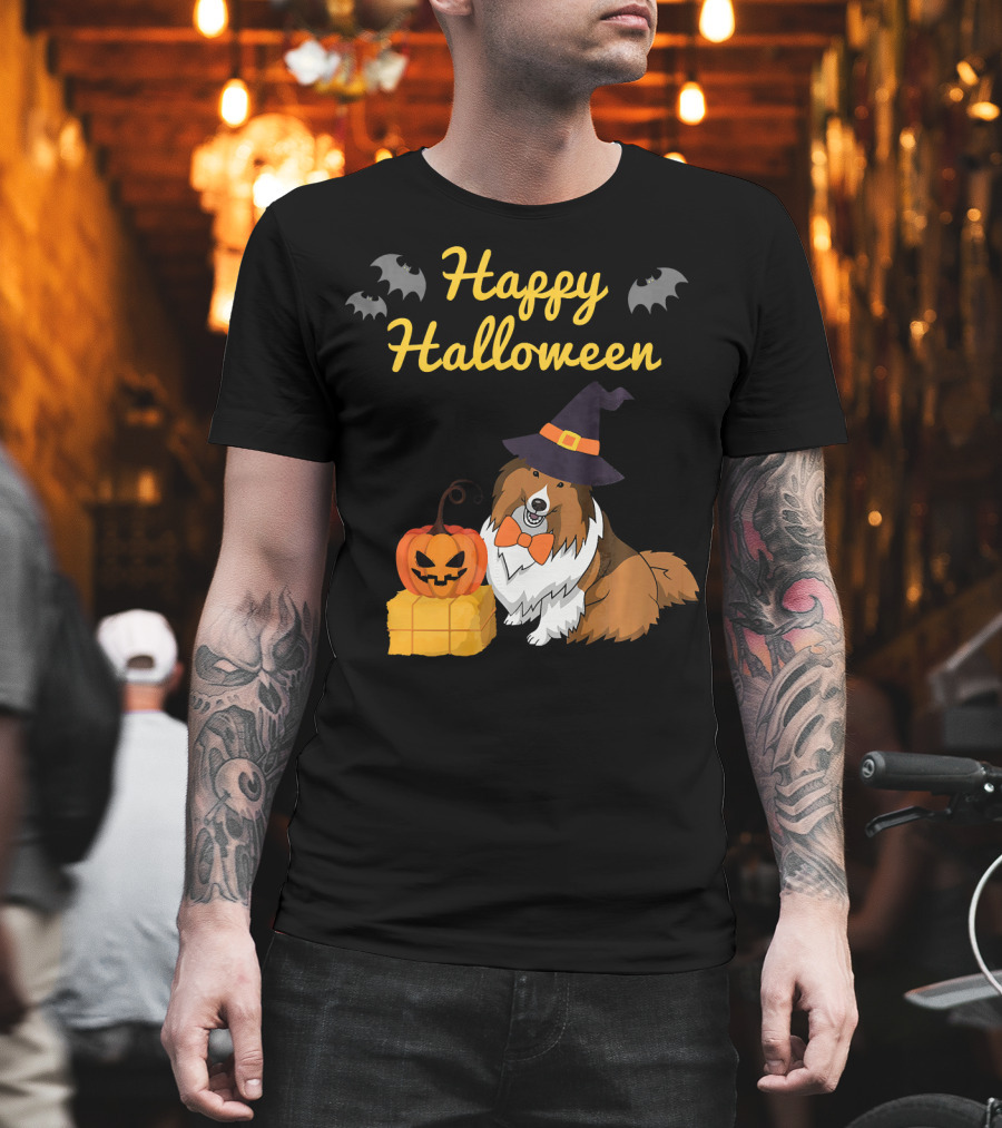 Happy Halloween Cute Sheltie With Witch Hat Pumpkins And Bats T-Shirt