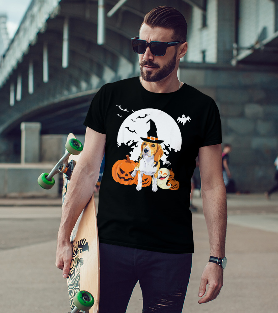 Happy Halloween Witch Beagle With Pumpkins And Ghosts T-Shirt