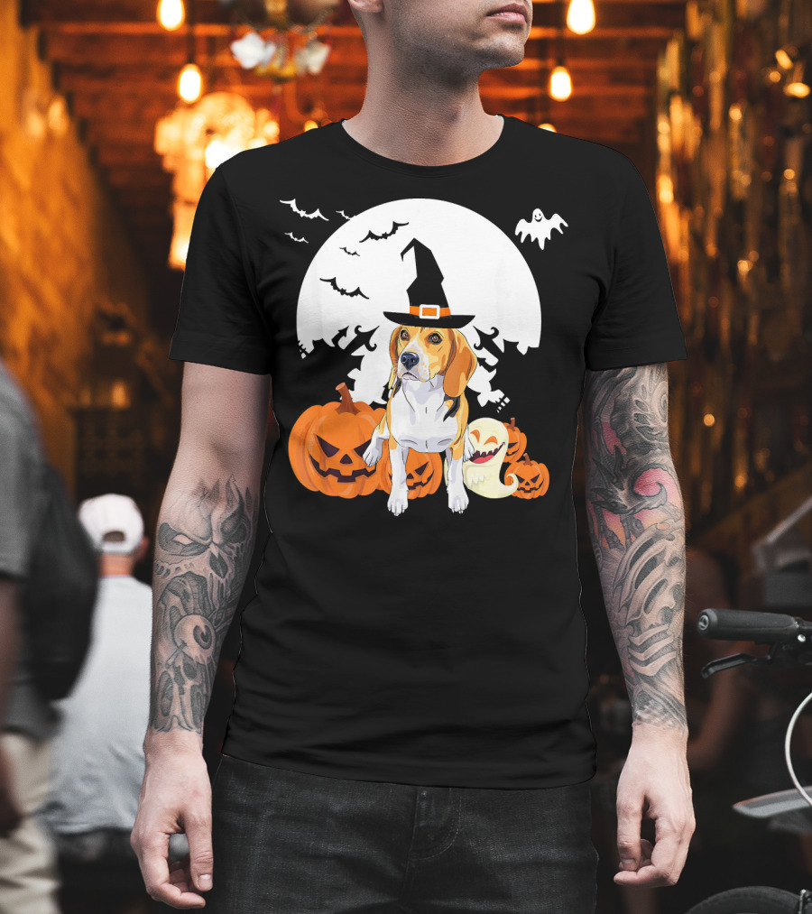 Happy Halloween Witch Beagle with Pumpkins and Ghosts T-Shirt