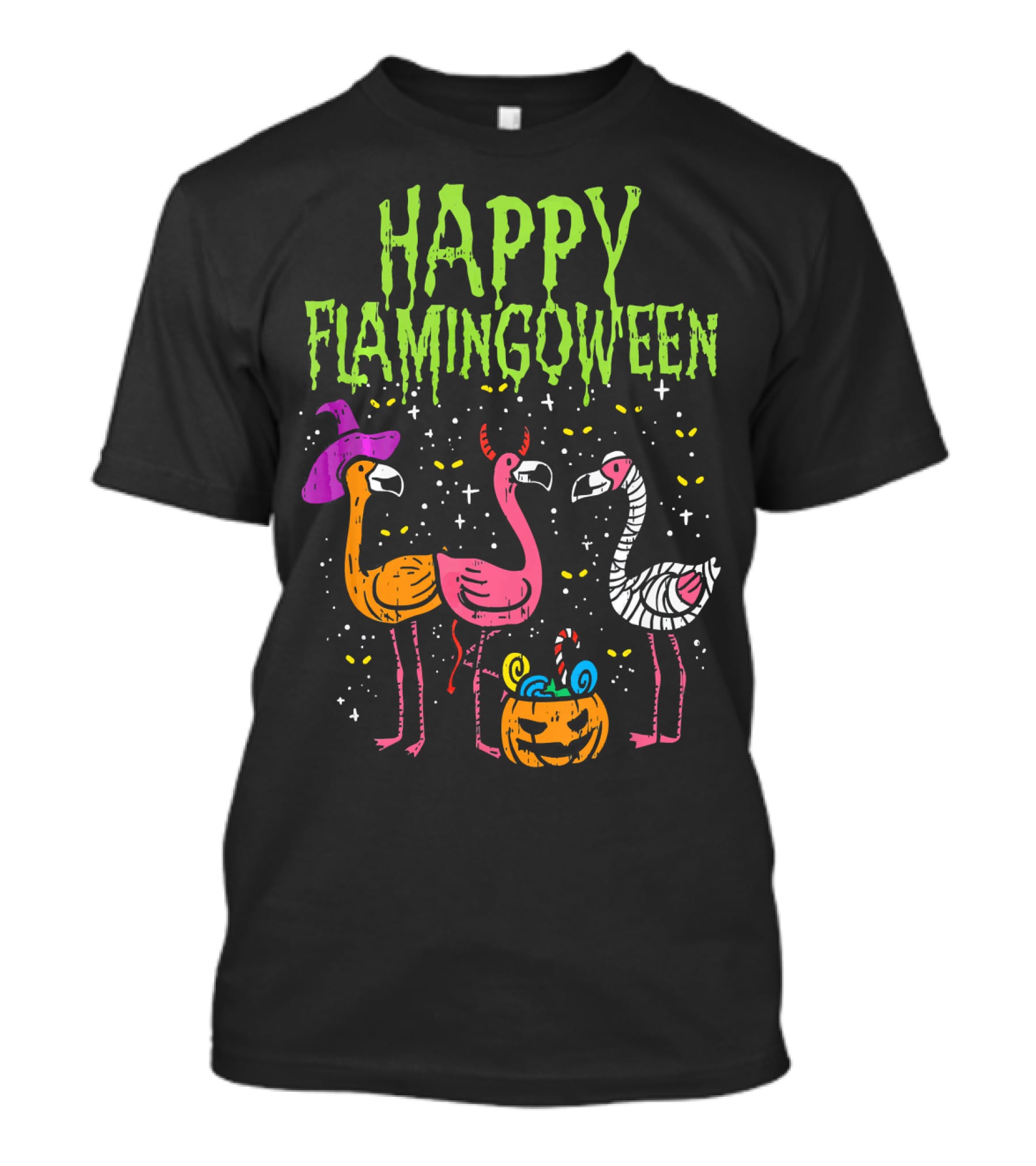 Happy Flamingoween Witch, Devil, Mummy Flamingo Halloween Pumpkin Candy T-Shirt