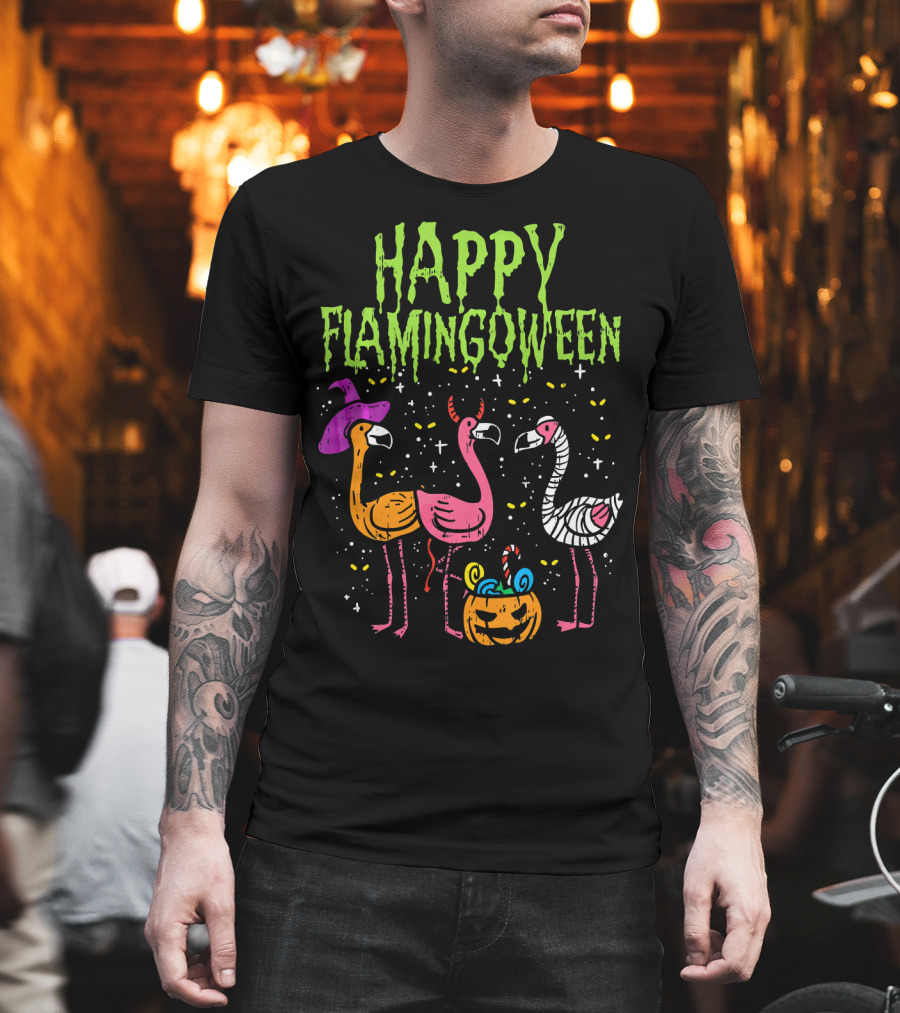Happy Flamingoween Witch, Devil, Mummy Flamingo Halloween Pumpkin Candy T-Shirt