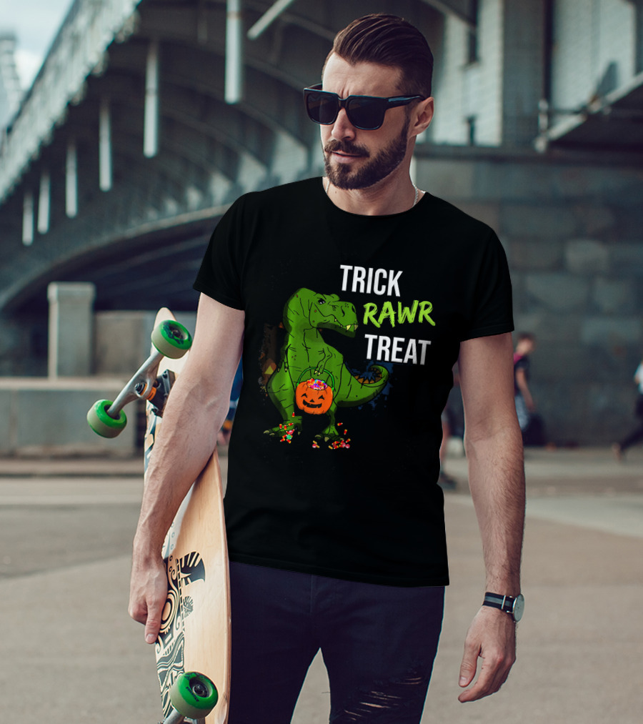 Trick Rawr Treat Halloween Rex Dinosaur With Candy And Pumpkin T-Shirt