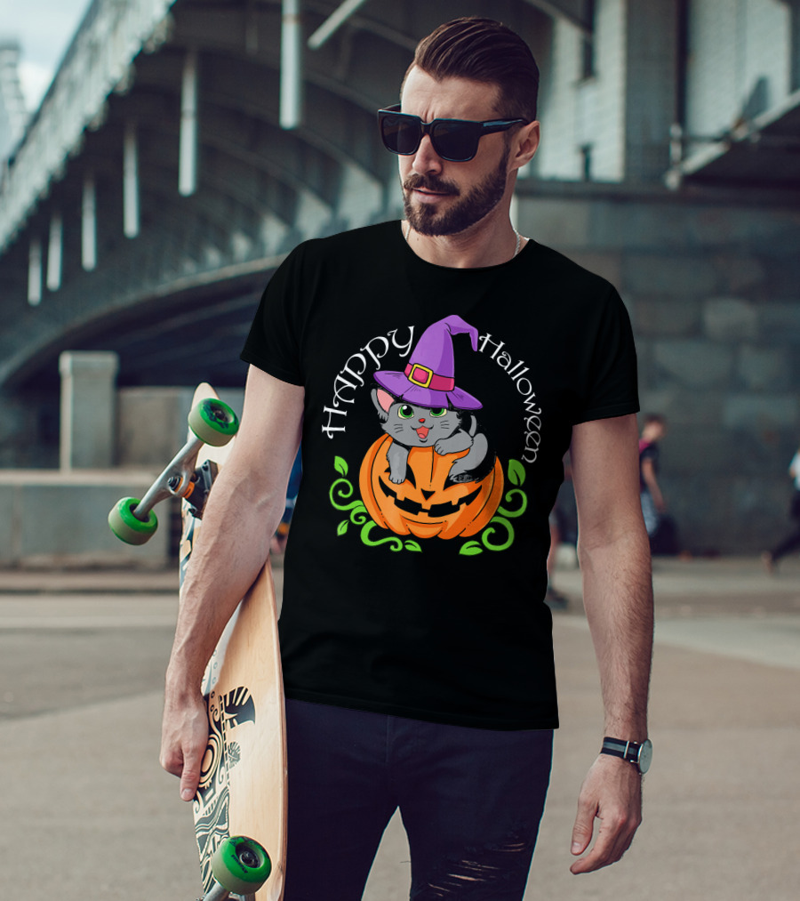 Happy Halloween Cat In Witch Hat On Pumpkin T-Shirt