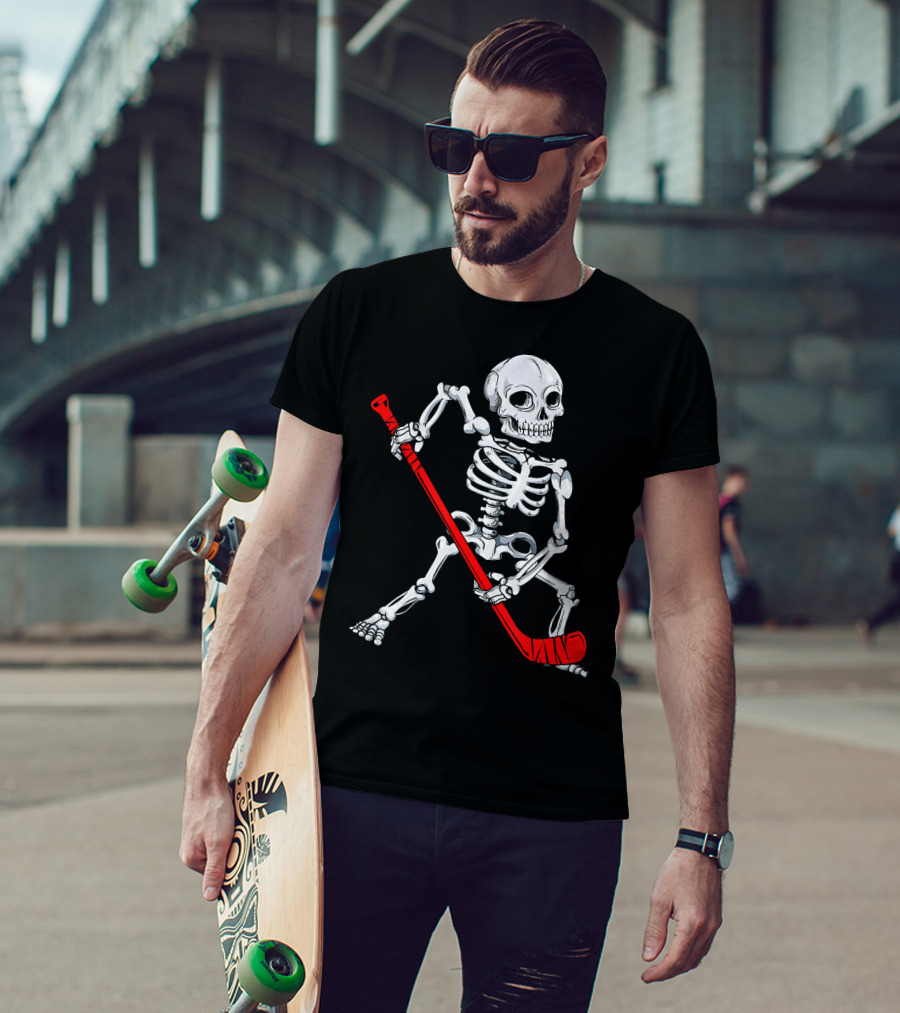 Skeleton Hockey Skeleton With Red Hockey Stick T-Shirt