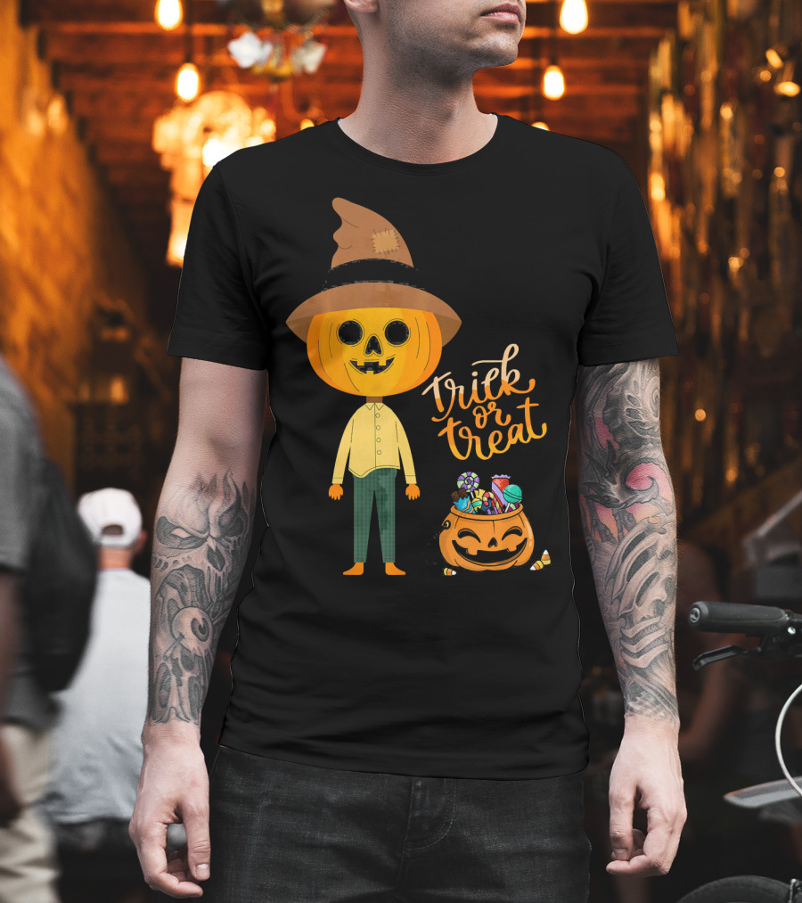 Trick or Treat Funny Cute Halloween Pumpkin with Candy and Patchwork Hat T-Shirt