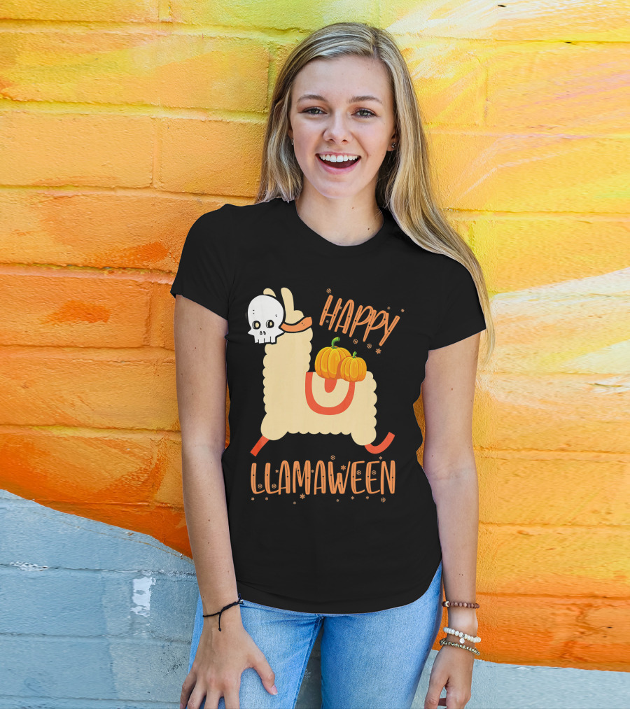 Happy Llamaween Funny Halloween Llama With Pumpkins T-Shirt