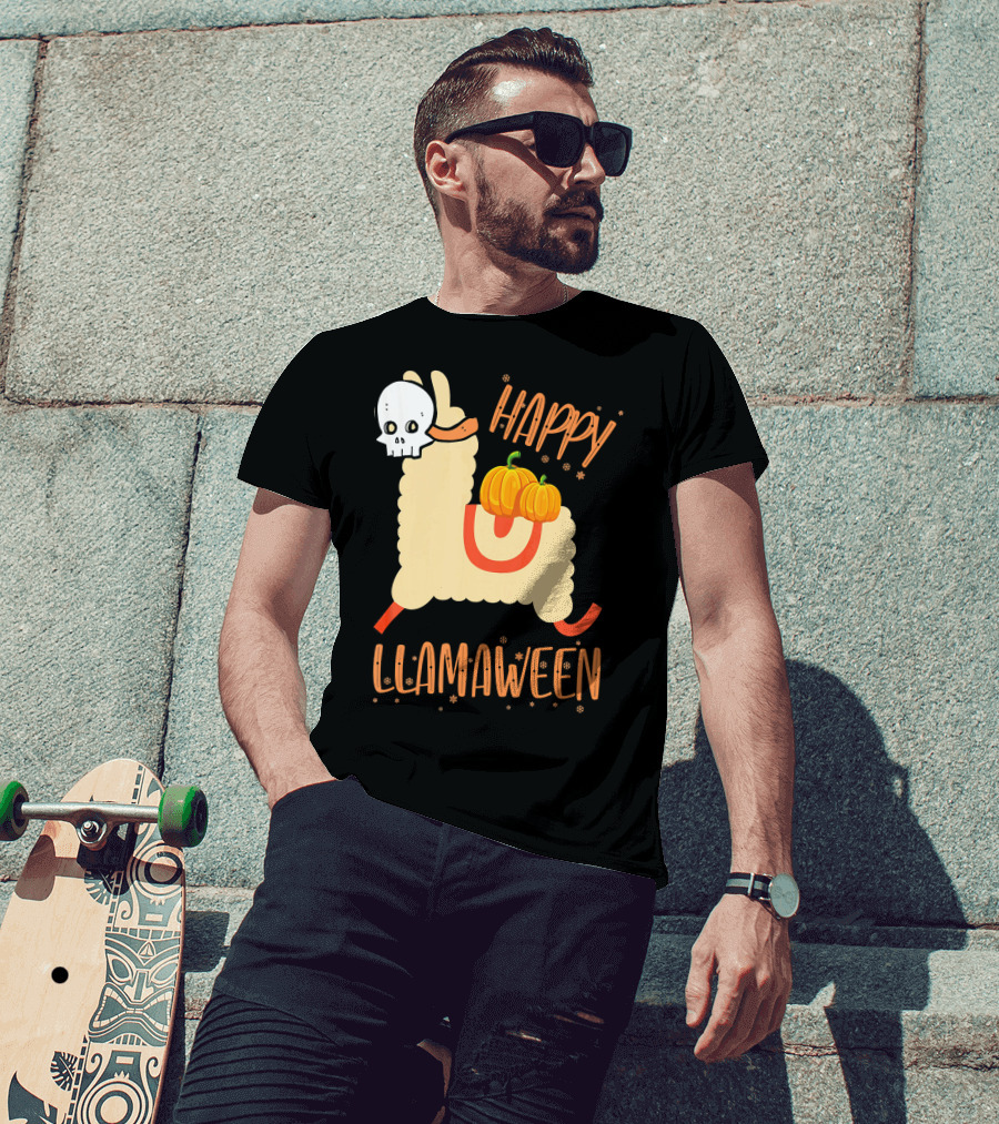 Happy Llamaween Funny Halloween Llama With Pumpkins T-Shirt