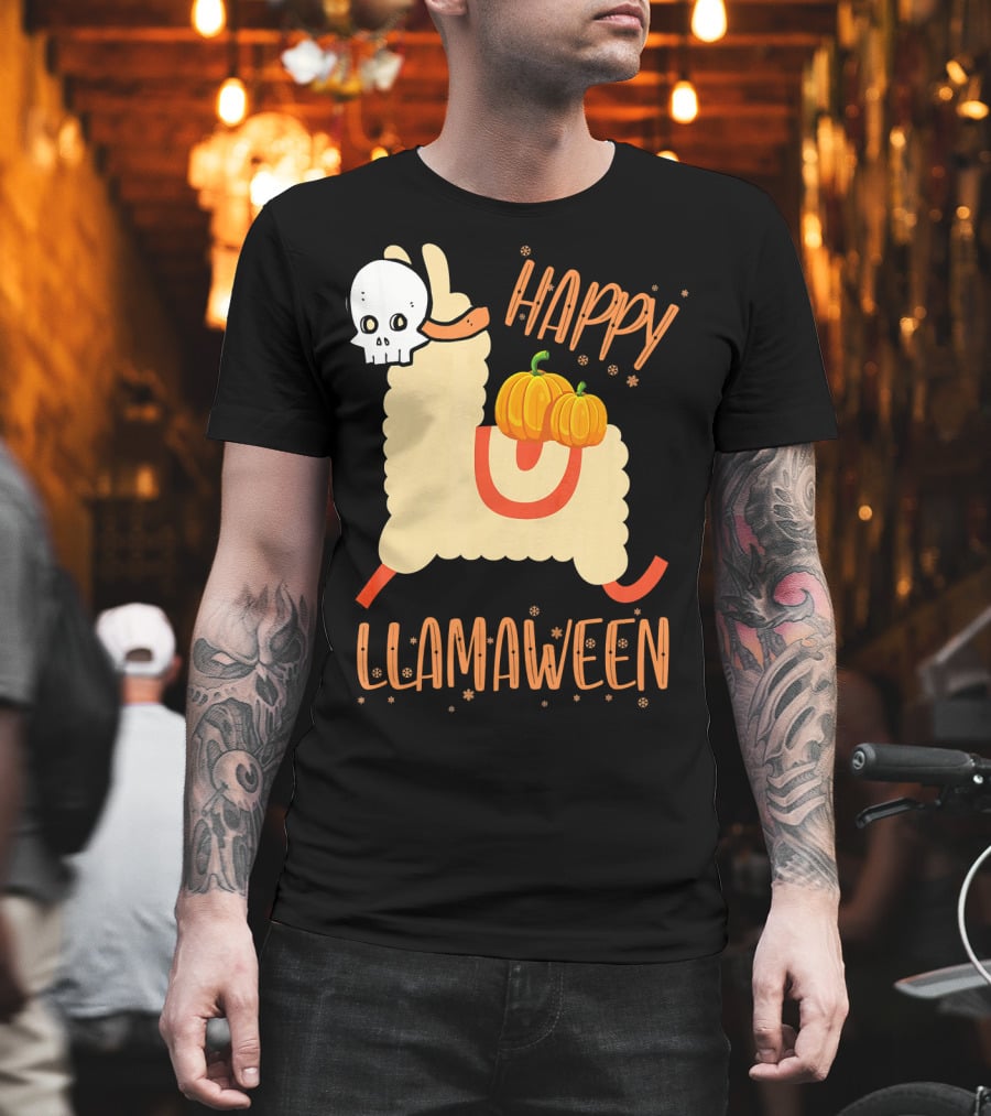 Happy Llamaween Funny Halloween Llama with Pumpkins T-Shirt