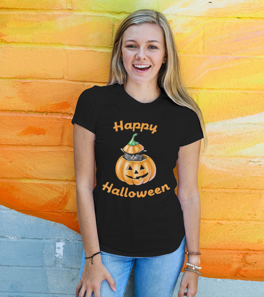 Happy Halloween Funny Cat In Pumpkin T-Shirt