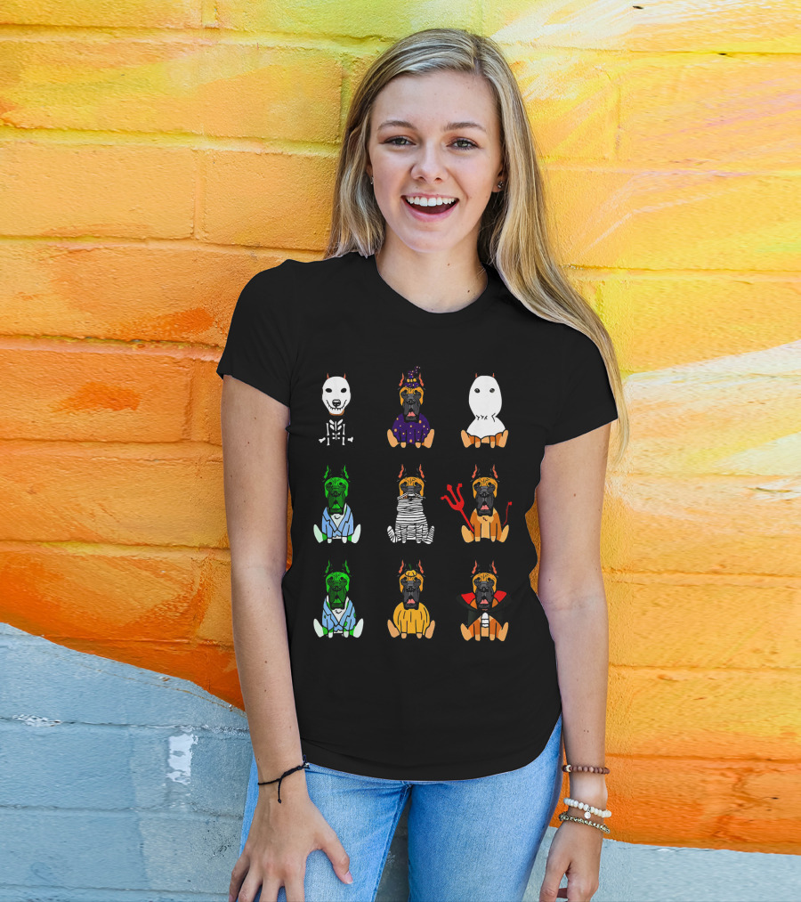 Great Dane Dog Lover Halloween Costume Grid Featuring Skeleton, Witch, Ghost, Frankenstein, Mummy, Devil, Dracula, And More T-Shirt