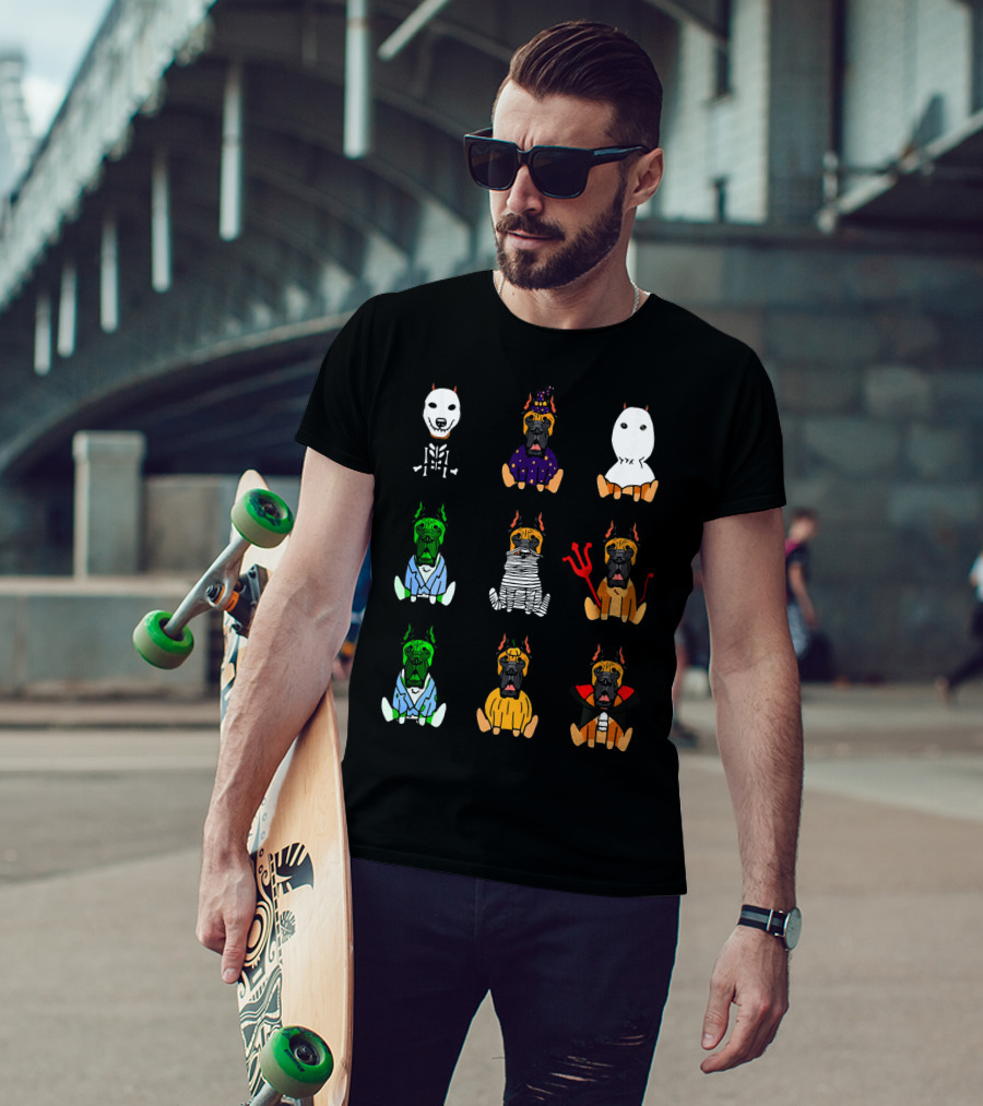 Great Dane Dog Lover Halloween Costume Grid Featuring Skeleton, Witch, Ghost, Frankenstein, Mummy, Devil, Dracula, And More T-Shirt