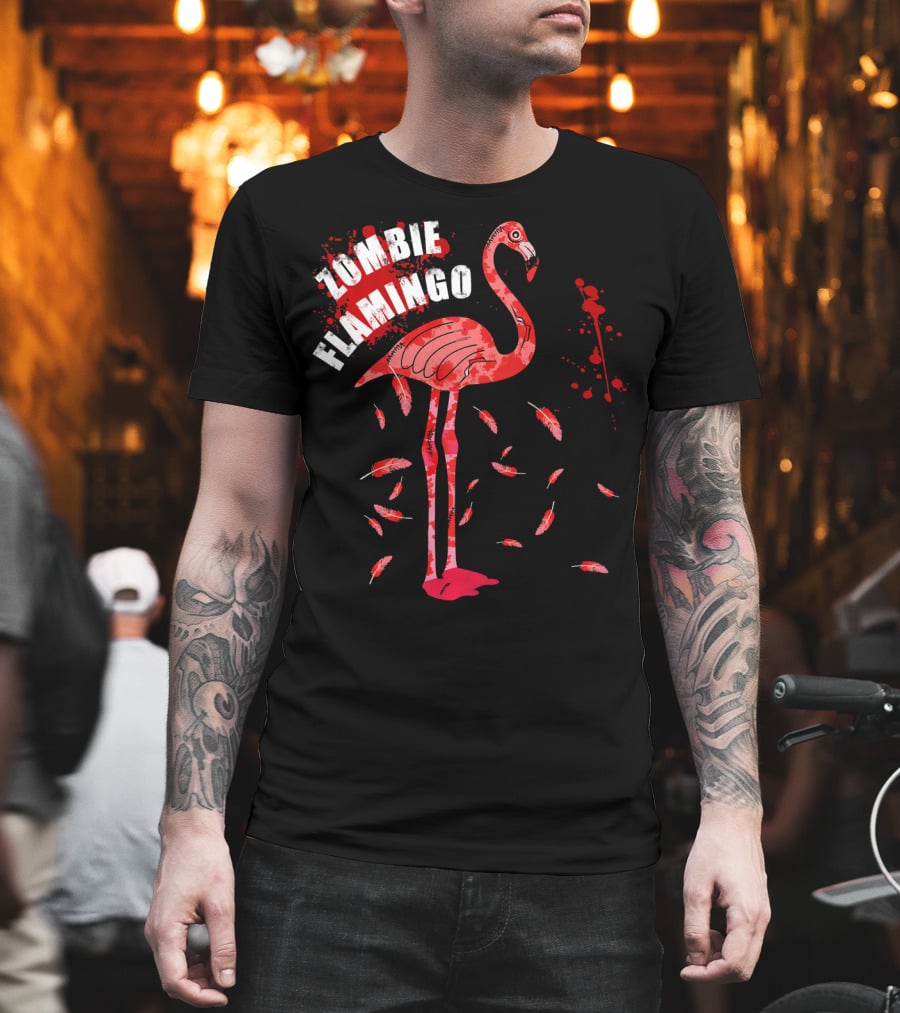 Zombie Flamingo Bird Feathers Splatter T-Shirt