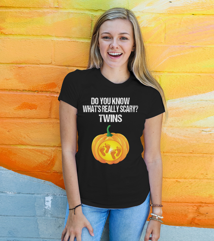 Do You Know What's Really Scary? Twins Pumpkin Belly Pregnancy Announcement T-Shirt