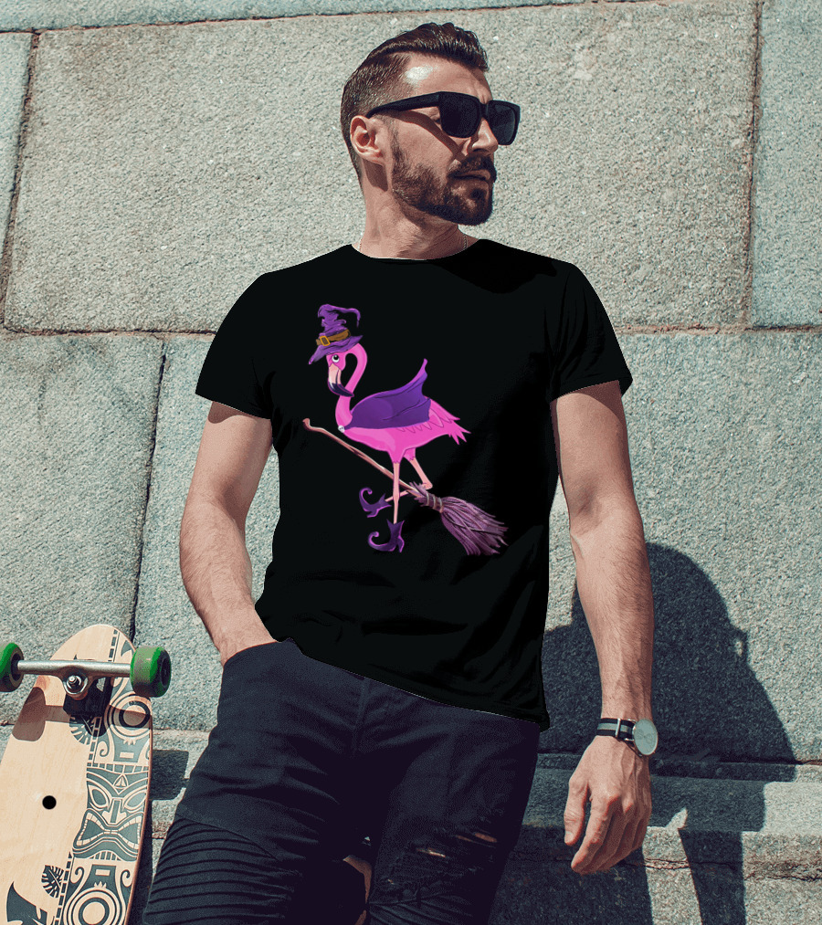 Flamingo Witch Riding Broomstick Funny Halloween T-Shirt