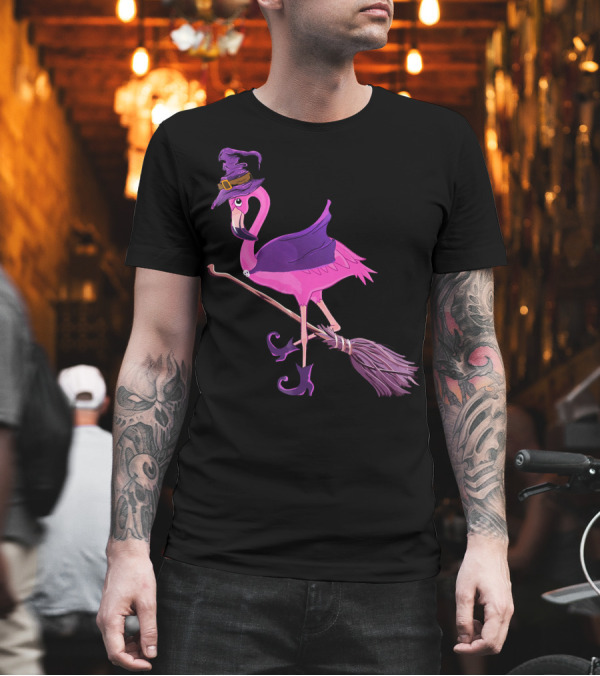 Flamingo Witch Riding Broomstick Funny Halloween T-Shirt Flamingo Witch Riding Broomstick Funny Halloween T-Shirt