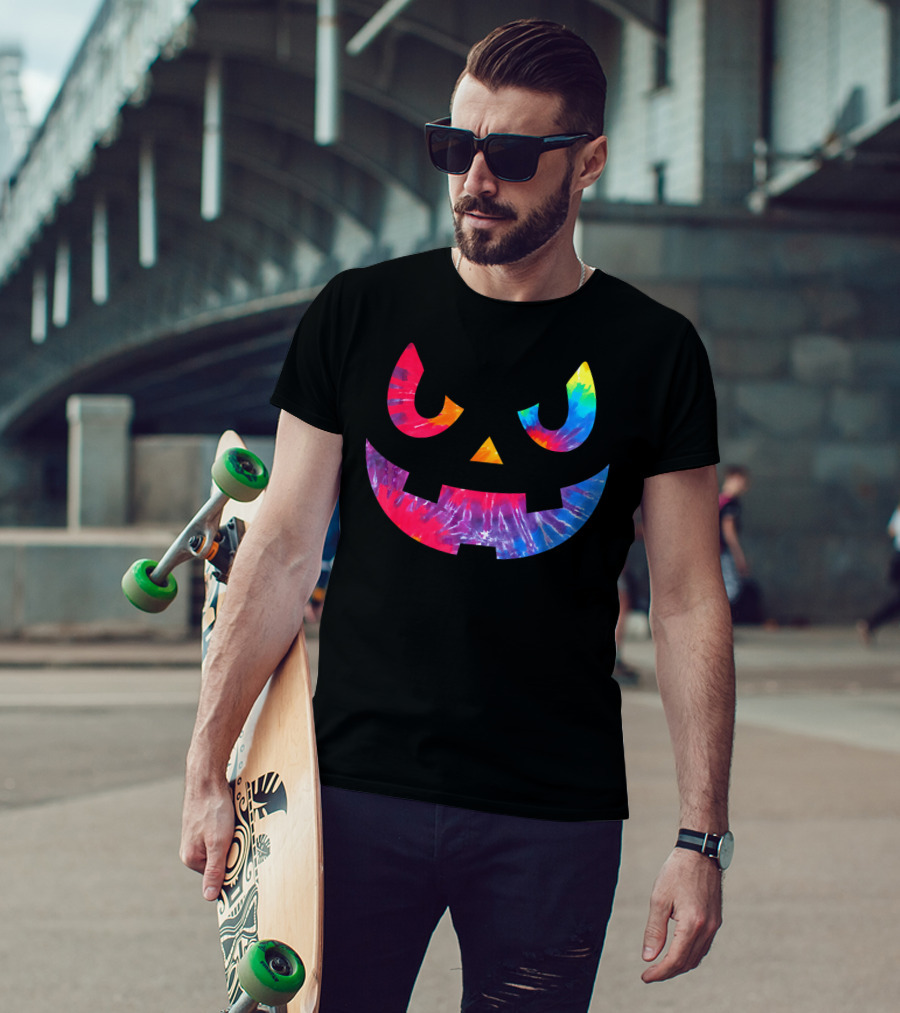 Scary Rainbow Tie Dye Jack O Lantern Face T-Shirt