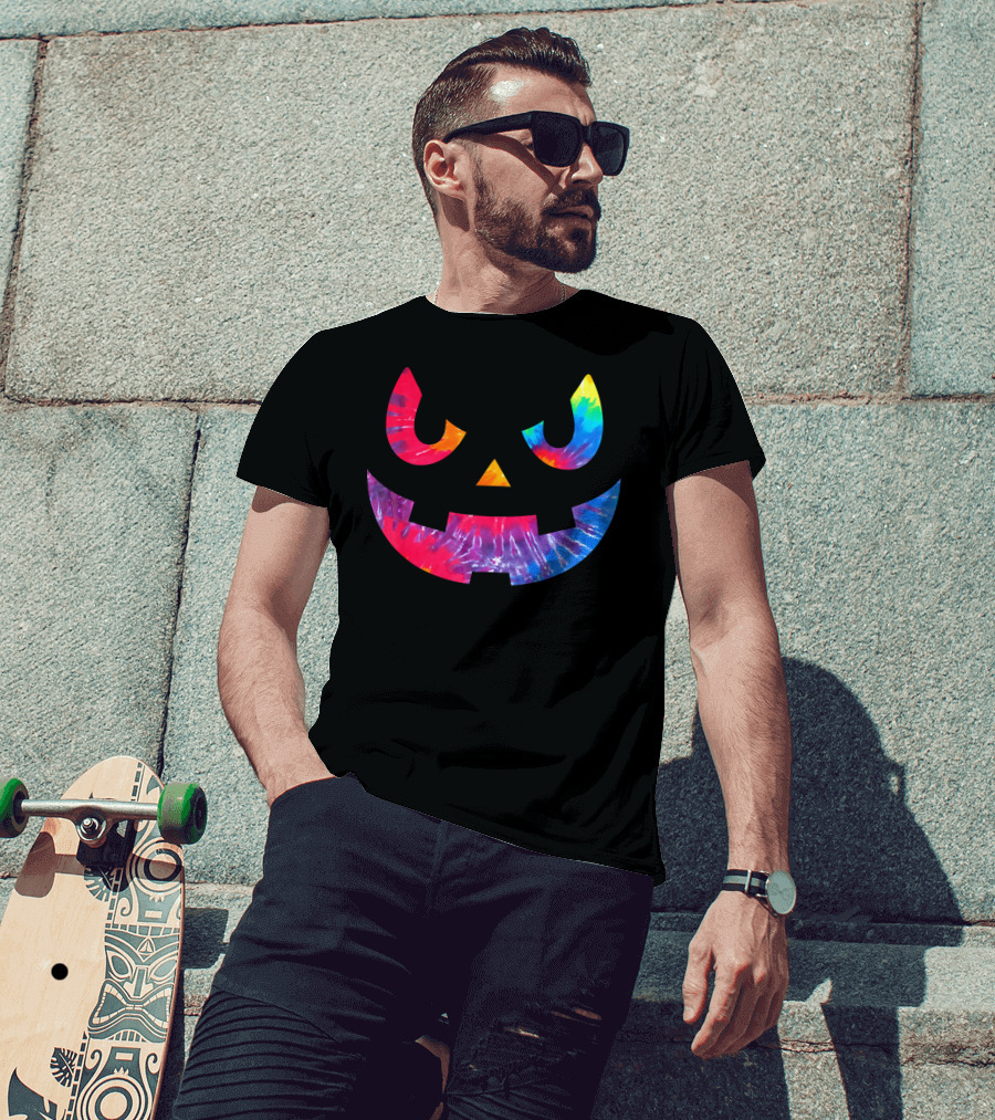 Scary Rainbow Tie Dye Jack O Lantern Face T-Shirt