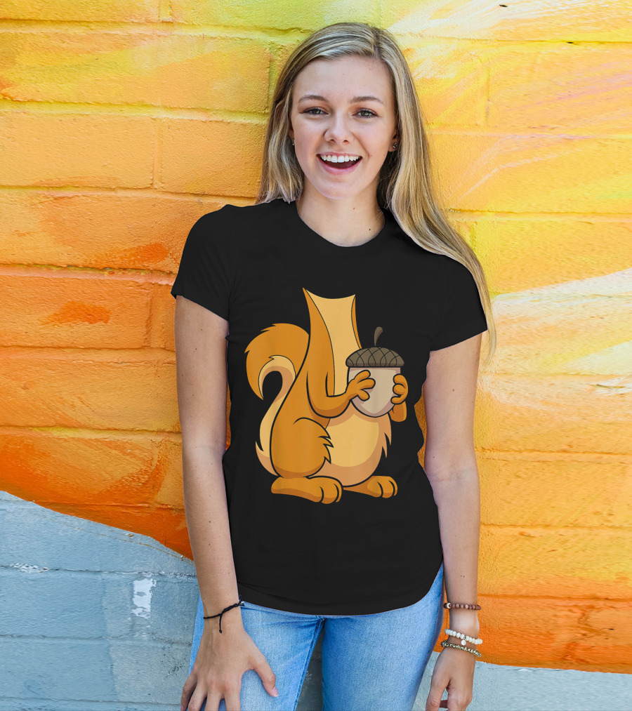 Squirrel Holding Acorn Cartoon T-Shirt