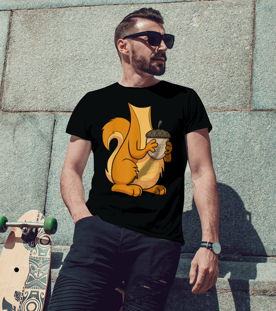Squirrel Holding Acorn Cartoon T-Shirt