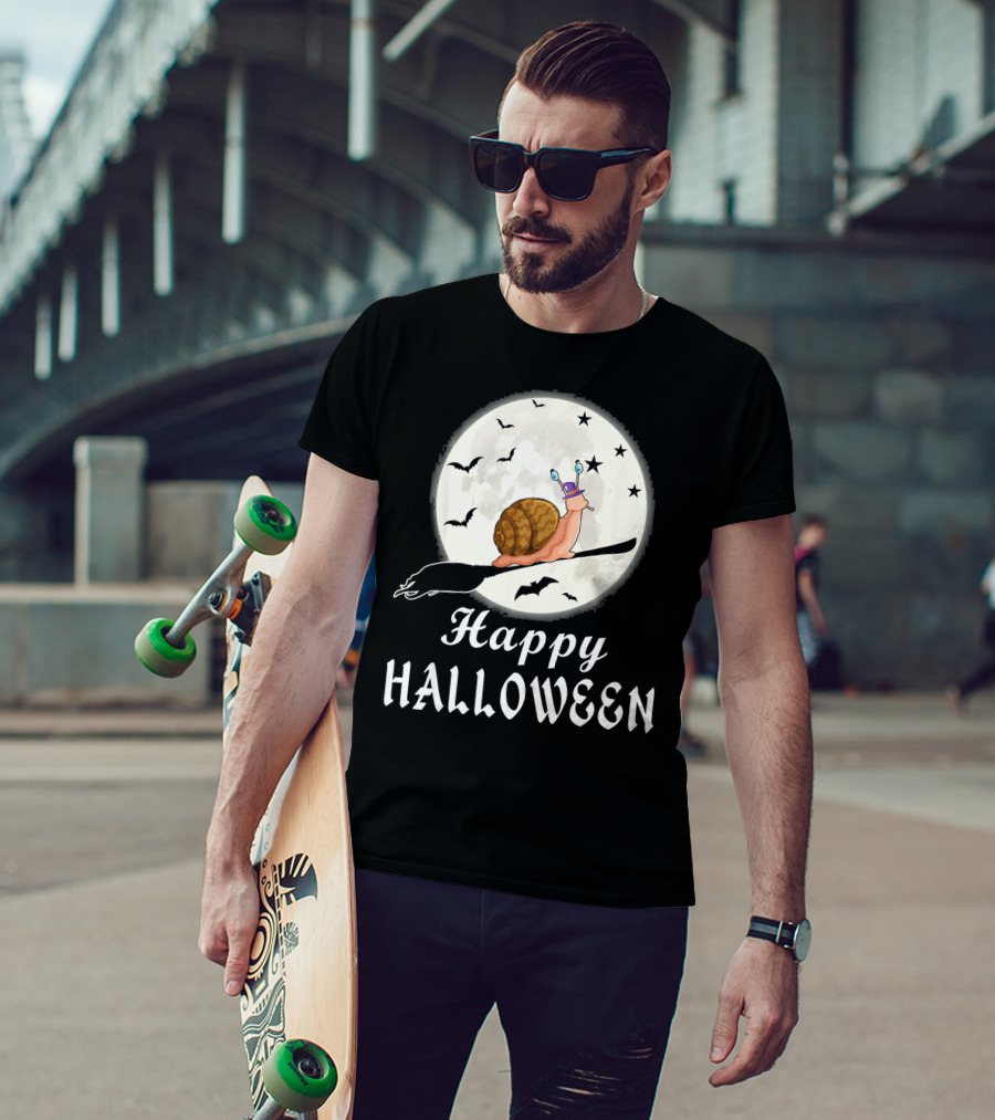 Happy Halloween Snail Riding Broomstick With Full Moon And Bats T-Shirt