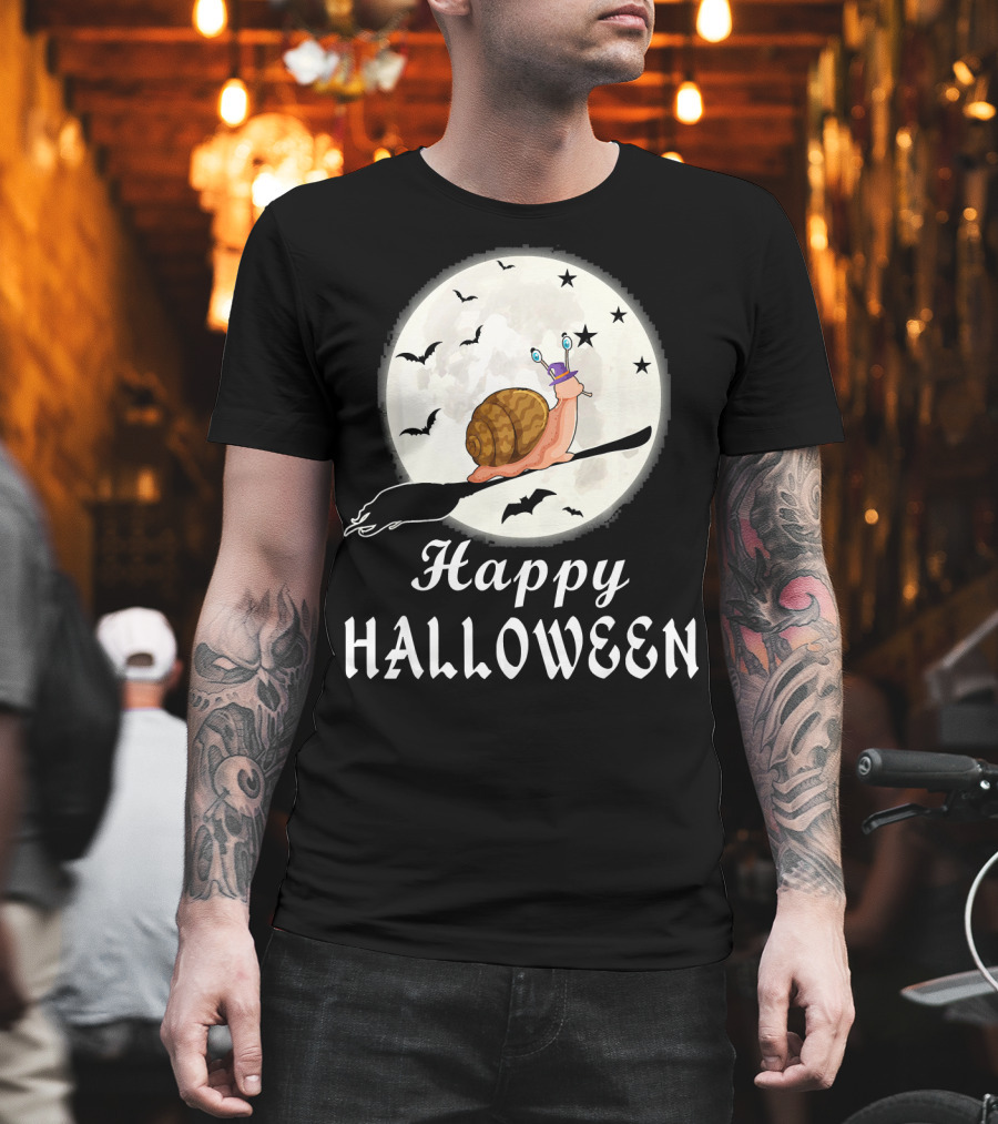 Happy Halloween Snail Riding Broomstick with Full Moon and Bats T-Shirt