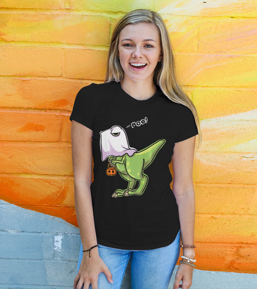 Funny Dinosaur Dressed As Halloween Ghost With Boo Text And Pumpkin T-Shirt