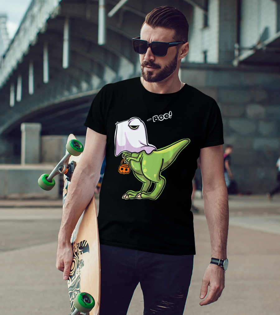 Funny Dinosaur Dressed As Halloween Ghost With Boo Text And Pumpkin T-Shirt