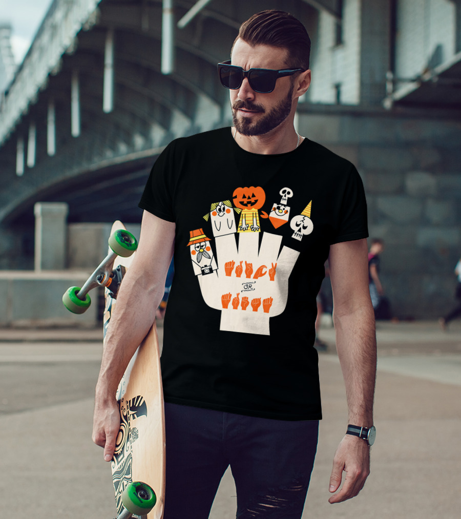 Trick Or Treat ASL Halloween Hand Signs With Pumpkin And Ghost Characters T-Shirt